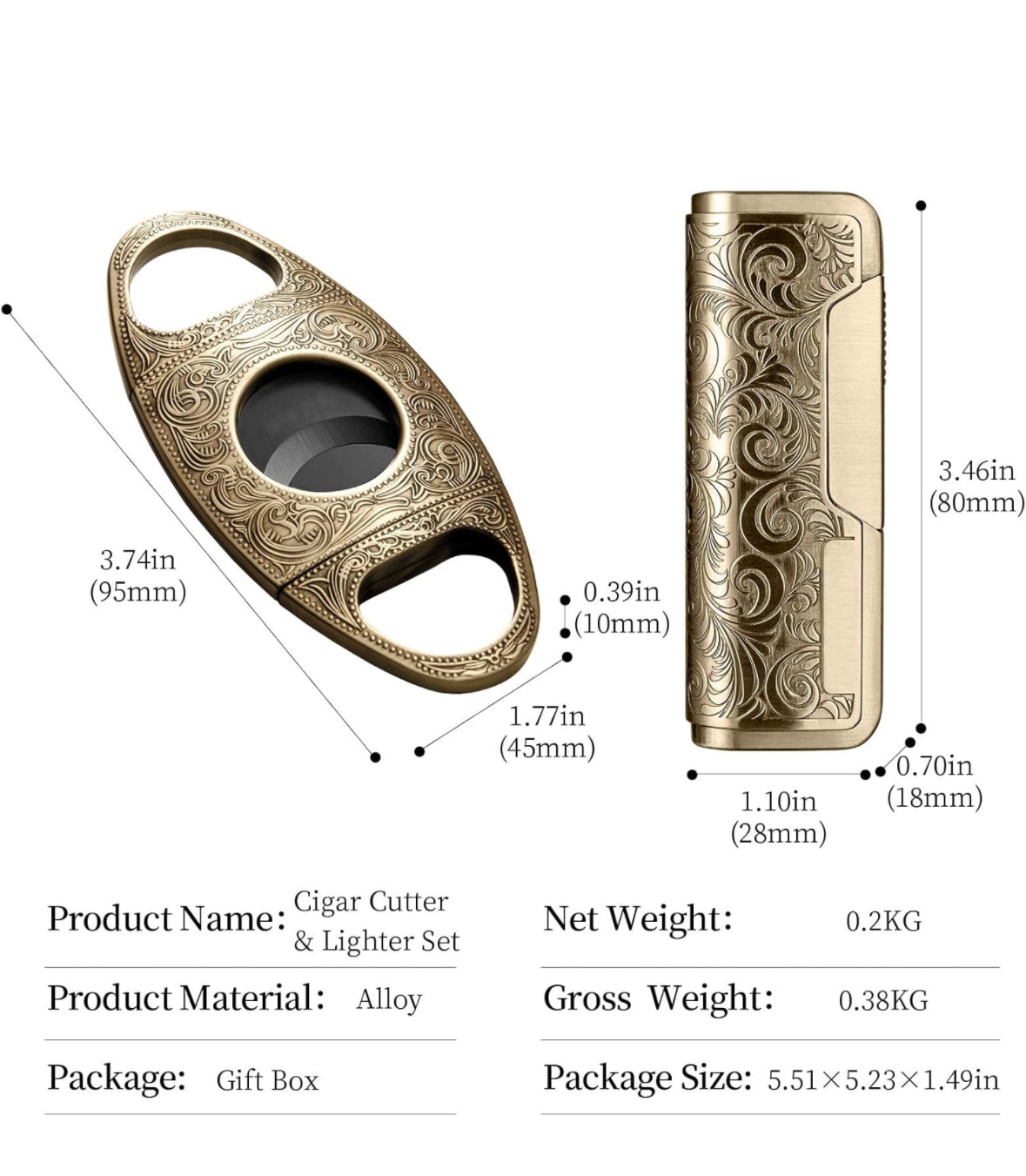 Cigar Cutter and Lighter Set Gold