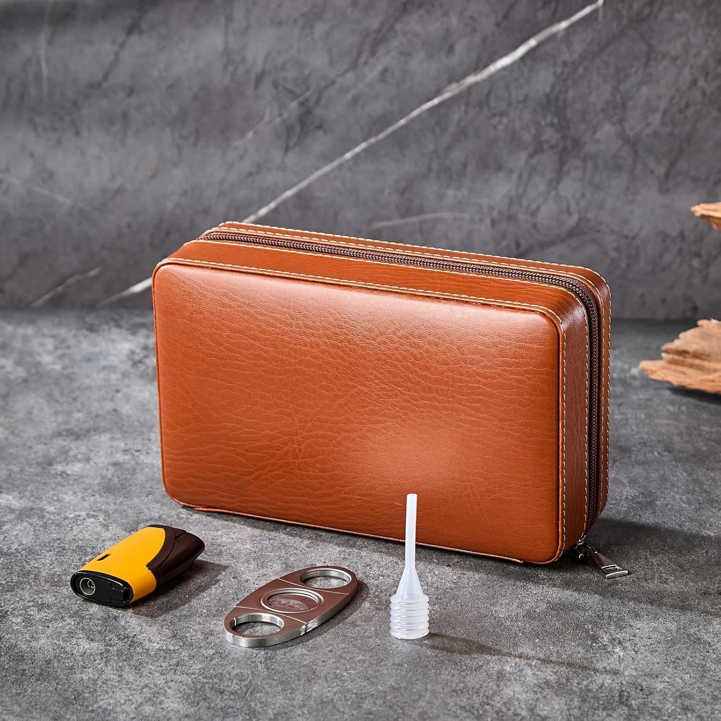 Leather Cigar Case, Travel Humidor Holds 4 CB