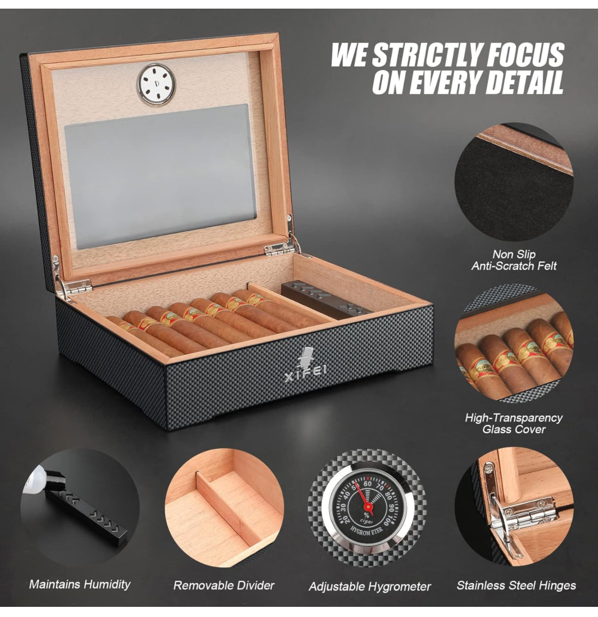 Cigar Humidor, Glass Top Carbon Fiber