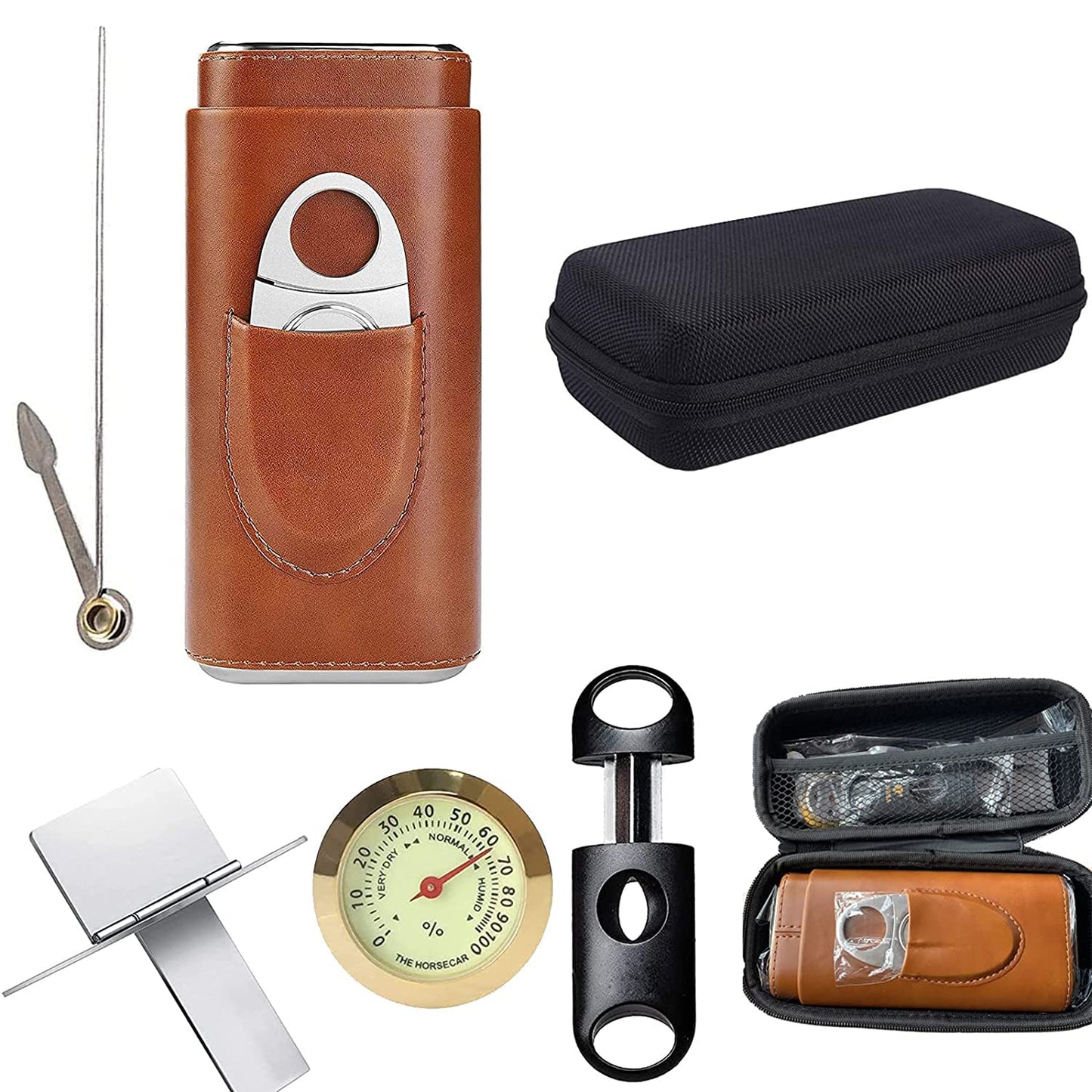 3PCS Brown Leather Cigar Case Kit