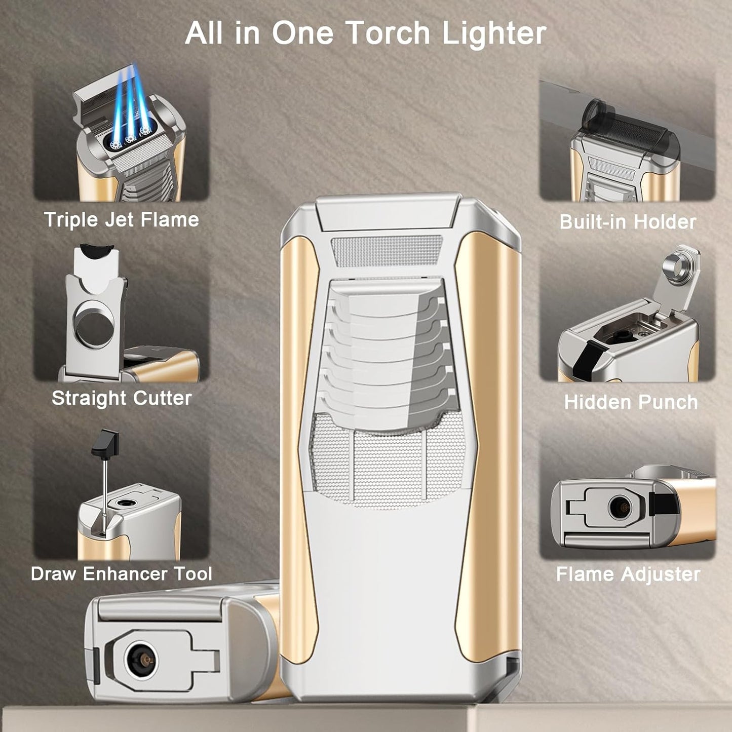 5-in-1 Triple Jet Torch Lighter Gold