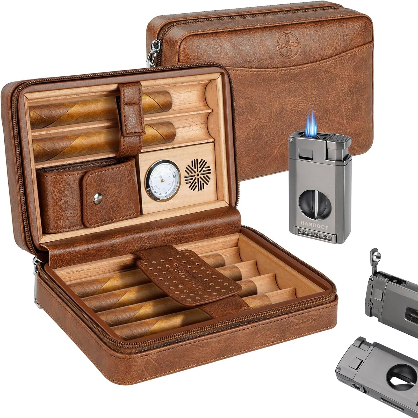 HALL Leather Cedar Wood Cigar Travel Case with Hygrometer & Humidifier,