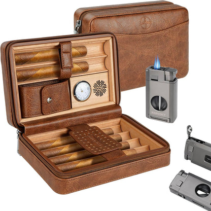 HALL Leather Cedar Wood Cigar Travel Case with Hygrometer & Humidifier,