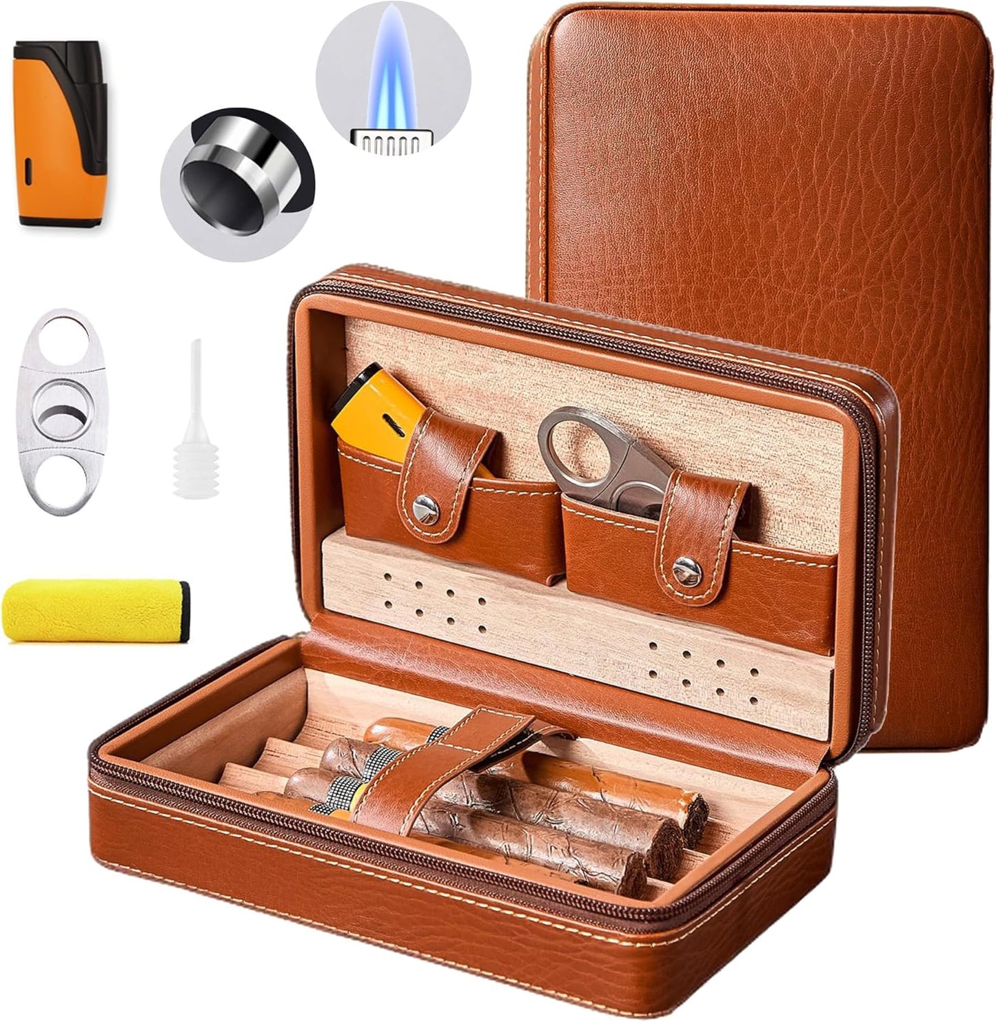 Leather Cigar Case, Travel Humidor Holds 4 CB