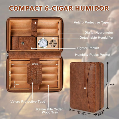 HALL Leather Cedar Wood Cigar Travel Case with Hygrometer & Humidifier,