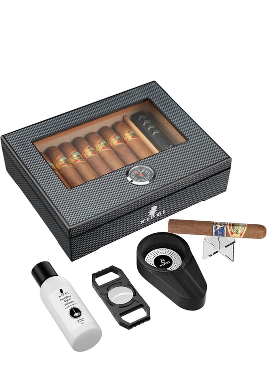 Cigar Humidor, Glass Top Carbon Fiber